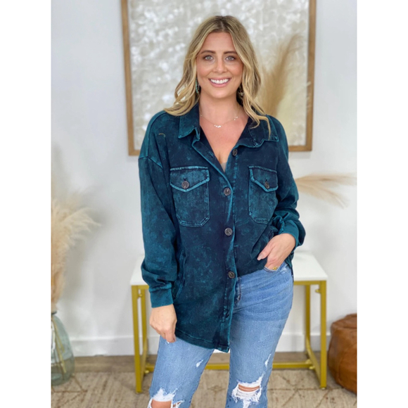 Zenana Outfitters Jackets & Blazers - Zenana Solid Mineral Washed Shacket Size L (PTP 23” approx.) Teal